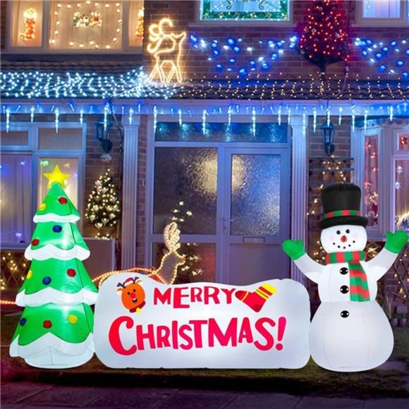 10 FT Christmas Inflatables Christmas Tree Snowman with Merry Christmas Sign - Picture 3 of 6